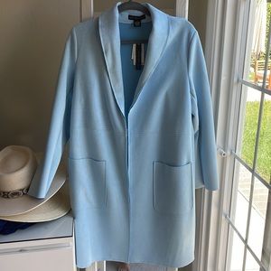 Light blue faux leather knee length coat